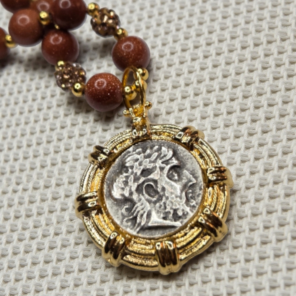 Etruscan Sandstone Beaded Ancient Coin Crystal Necklace - Picture 4 of 5